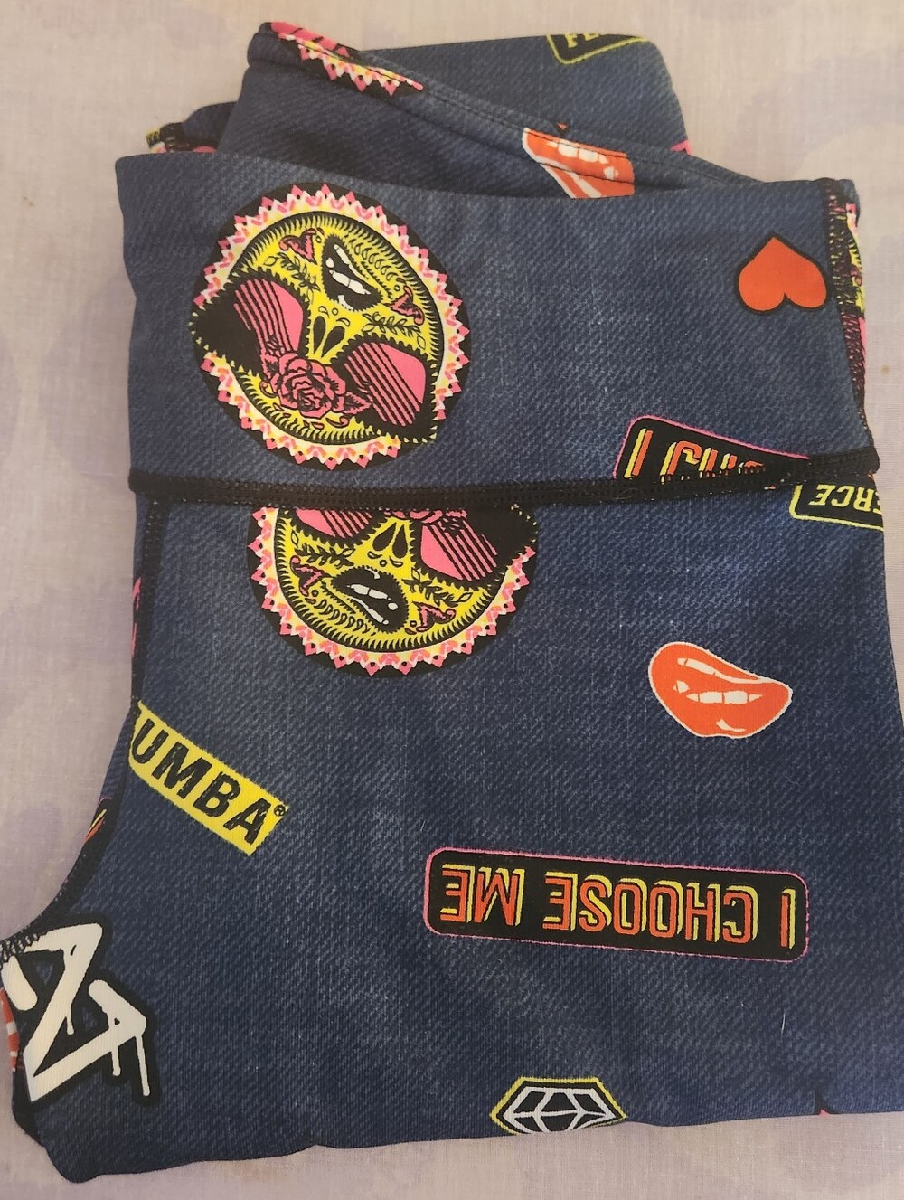 Zumba Fitness Navy Leggings with Neon Pink Yellow and Orange Accents